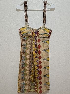 SINGLE DRESS 100% Silk Geometric Print Sundress with Wooden Adjustable Straps